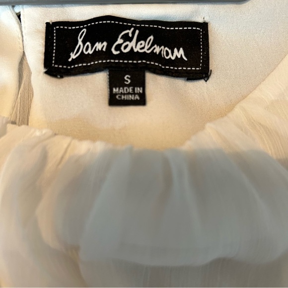 Sam Edelman White Sheer Gathered Neck Blouse w/ Back Keyhole Rhinestone Closure - Picture 3 of 14